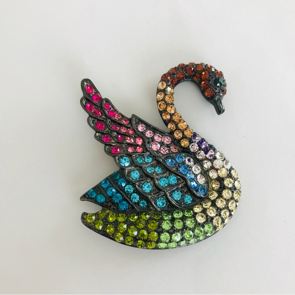 Artisan Handmade Vintage Rainbow Color Rhinestones Swan Gunmetal Brooch Pin